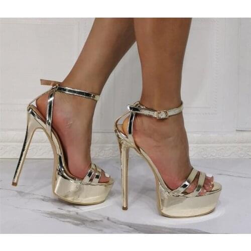 Drop Shipping Fashion Woman Light Gold Patent Leather Buckle Strap Sandals Female Platform Narrow Bands Super Heels Party Shoes