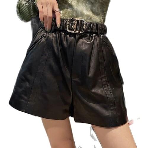 IHOBBY High Waist Rhinestone Belt Women Pu Short Pant New Fashion Loose Girls Faux Leather Short Trousers