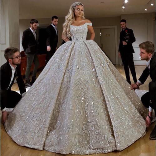 Robe De Mariee Luxury Full Beaded Ball Gown Wedding Dress in Dubai Scoop Neckline Off Shoulder Wedding Gowns with Court Train