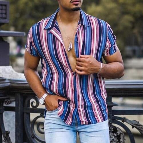 Man Stylish Button Blouse Summer Casual Tops Striped Print Fashion Striped Men Shirts Short Sleeve Turn-down Collar Shirt