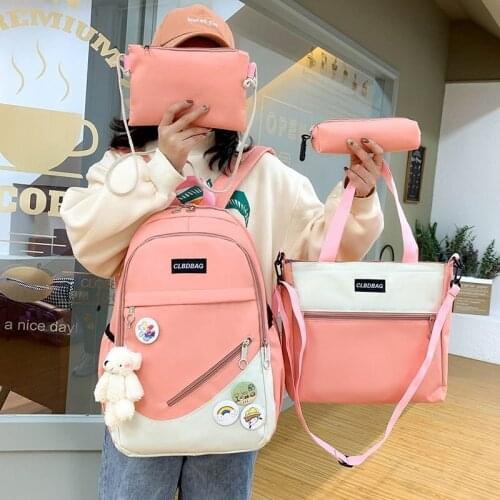 4-piece Design Canvas Backpack For Teenagers 2021 Fashion Women Campus School Bag Solid Color Laptop Backpack Pen Bag Sac A Dos