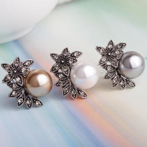Hot Fashion Gray White Pearl Earrings Stud Antique Silver Color Zircon Leaf Shape Jewelry For Women Girl