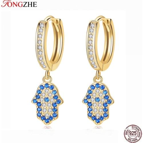 TONGZHE Pure 925 Sterling Silver Hamsa Hand Drop Earrings for Women Blue Evil Eye Lucky Earring CZ Turkish Jewelry Girl Gift