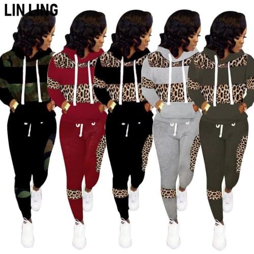 Leopard Stitched Drawstring Hoodie Pocket Sweater and Loose Lace Up Sports Warm Up Two Piece Set