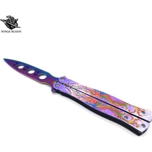 Eastern Mystery Flame Bird Phoenix Totem Trainer Balisong Practising Butterfly Knife Unsharpend Blade Purple Phoenix Trainer