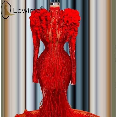 2021 Red Ruffles High Neck Mermaid Evening Dresses Sexy Illusion Muslim Long Sleeve Prom Party Gowns Saudi Arabia Formal Dresses
