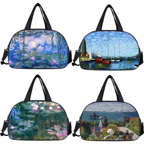 Oil Painting Water Lily Travel Tote Claude Monet Women Handbag Large Capacity Travel Bag Multifunction Duffle Bag Shoes Holder