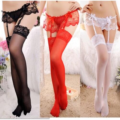 1Set Sexy Suspenders Stockings Women Floral Lace Sexy Stockings Temptation Erotic Lace Bowknot Top Thigh High Pantyhose Lingerie