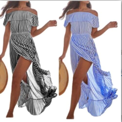 New Womens Dress one word collar show shoulder striped printed sleeveless Tight waist slit irregular large pendulum long skirt