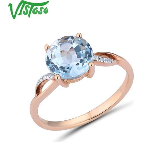 VISTOSO Gold Rings For Women Genuine 14K 585 Rose Gold Ring Sparkling Diamond Sky Blue Topaz Wedding Anniversary Fine Jewelry