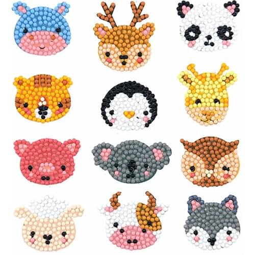 12pcs Colorful Animal Head Self-adhesive Rhinestone Painting Kit Stickers Mobile phone Sticker Scratch Cover Decal Auto Decor
