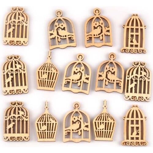 50pcs Natural Mix Birdcage Wood Slice For Home Decoration DIY Wooden Pendant Arts Crafts Scrapbooking Accessories 30x20mm M0833