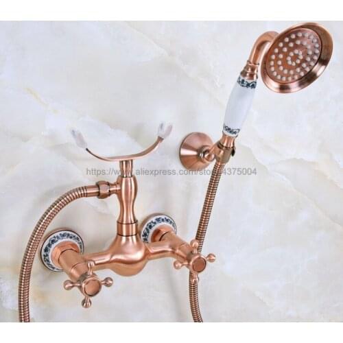 Antique Red Copper Bathroom Rainfall Hand Shower Faucet Set Mixer Tap With Hand Sprayer Wall Mounted Nna342