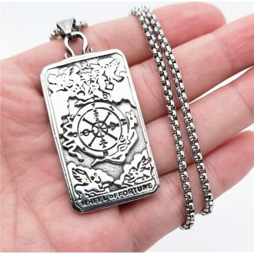 Astrology Tarot Card Pendant Necklace Lucky Wheel Of Fortune Stainless