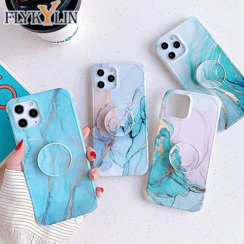 FLYKYLIN Holder Stand Marble Phone Case For iPhone 12 11 Pro Max XR X XS Max 7 8 Plus SE 2020 Glossy Soft IMD Silicon Back Cover