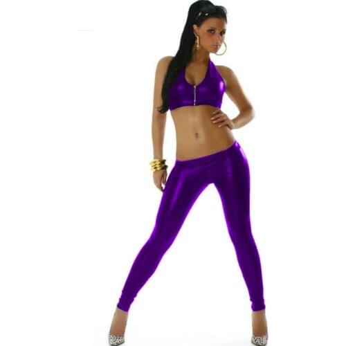 Plus Size Two Pieces Stage Dancing Set Women Novelty Halter Zipper Bra Lace Up Back Crop Top Low Waist Legging Sexy Skinny Pants