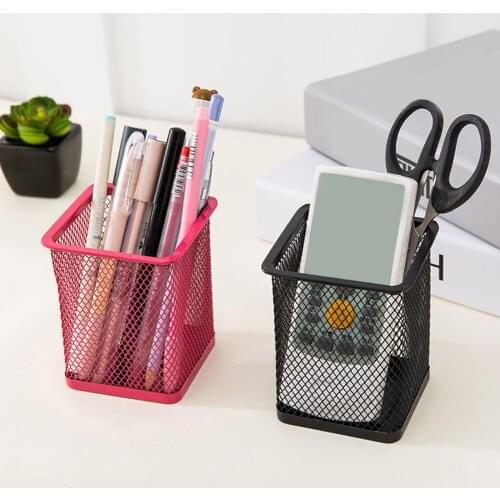 Round/Square Iron Mesh Pen Holder Office Desktop Pencil Stationery Box Case