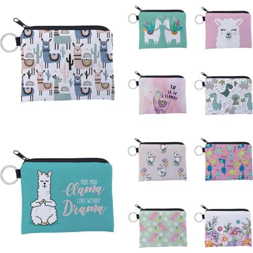 1 Pcs Unisex Cartoon Alpaca Printing Coin Purse Waterproof Small Zipper Purse Card Key Pouch Mini Square Wallet For Gift