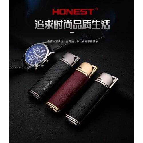 HONEST metal leather Windproofdirect Jet torch flame butane Inflatable gas cigar Pocket lighter gentleman cigarette gift box
