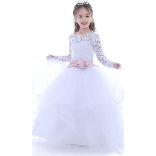 Cute Flower Girl Dresses For Weddings A-line Scoop Long Sleeves Tulle Lace Bow Long First Communion Dresses For Little Girls