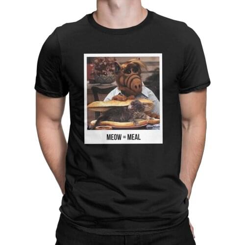 Alf Meow T Shirt Men Pure Cotton Fun T-Shirts Crewneck Melmac 80s Tv Alien Gordon Shumway Tees Short Sleeve Clothes Gift Idea