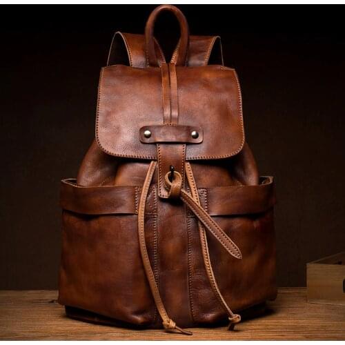 Handmade Vegetable Tanned Leather Men Backpack First Layer Cowhide Travel Backpacks Male Computer Bag Soft Leather Vintage