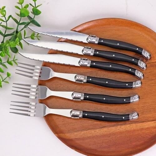 Set Of 6 Stainless Steel Steak Knives And Forks Full Tang Laguiole Steel Cutlery Dinner Set With Black ABS Handle Tablewares
