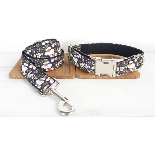 Black CHRYSANTHEMUM Dog or Cat Collar or Leash with Bows Design with Cotton Webbing Free Engrave Name ID