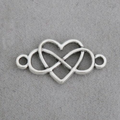 RAINXTAR Fashion Alloy Antique Silver Color Heart Infinity Connector Charms 12*18mm 100pcs AAC521