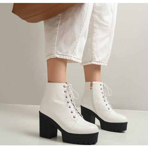 2020 winter autumn red white platform chunky high heels womans boots lace-up anti-slip martin boots cross-tied women ankle boots