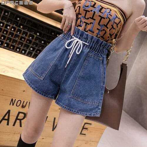 Kawaii Big Pockets Women Shorts Jeans Elastic Waist Streetwear Summer Denim Shorts Lace Up Buds Short Femme Plus Size Shorts