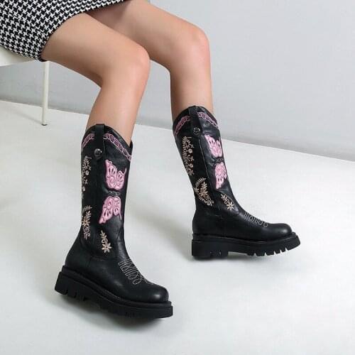 National Style Vintage Embroidered Knee High Boots Women Round Toe Pu Leather Platform Block High Heels Western Boots Size 34-43