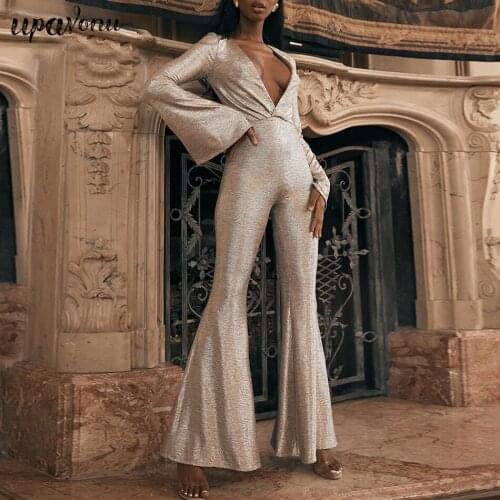 2020 New Summer Womens Jumpsuit V-neck Draped Flared Jumpsuit Sexy Bodycon Elegant Club Celebrity Party Jumpsuit