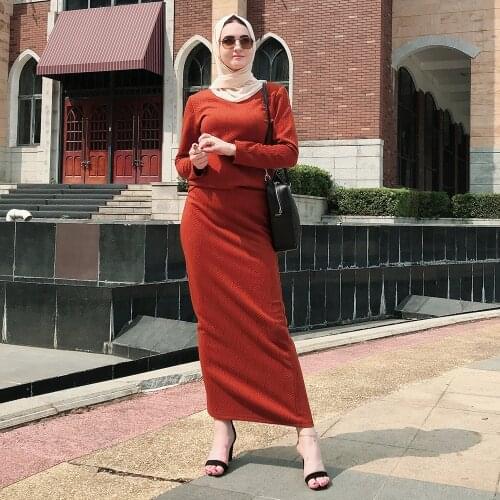 Abaya Dubai Two Pieces Set Muslim Dress Women Knitted Long Sleeve Tops Maxi Skirt 2 Pieces Sets Islamic Clothing Bodycon Abayas
