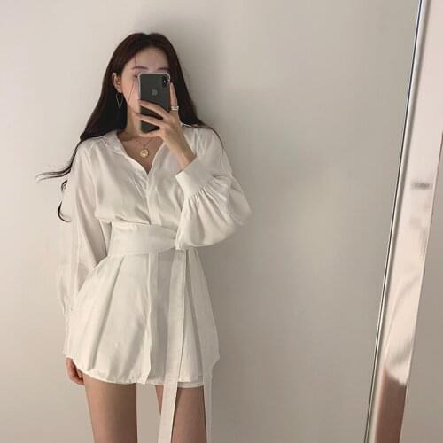 2piece Set Women 2020 New Spring Fairy Long Shirt Waist Tie Sorts Female Lantern Sleeves Two-piece Suit Women Sets NS1895