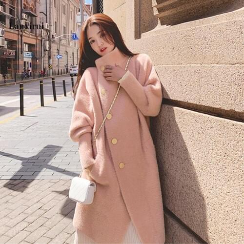 Long Knitted Overcoat Womens Autumn Winter New Thick Mink Fleece Lantern Sleeve Sweater Female Personalise Imitation Coat L933