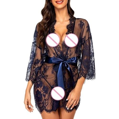 Babydoll Lingerie Mesh Transparent Sexy Lingerie With Belt Chemise Women Erotic Clothing Lace Kimono Robe Briefs Nightwear