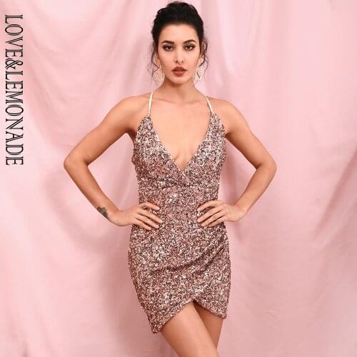 LOVE & LEMONADE Sexy Rose Gold Deep V-Neck Open Back Cross Stretch Sequin Bodycon Party Mini Dress LM82396