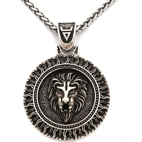 Antiquing Lion Head Pendant Slavic Veles Sun Symbol Viking Necklace Men Women Amulet Talisman Jewelery