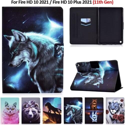 For Amazon Fire HD 10 2021 Case 10.1" Animal Painted Leather Tablet Cover Funda For Fire HD 10 Plus 2021 11th Gen Case + Gift