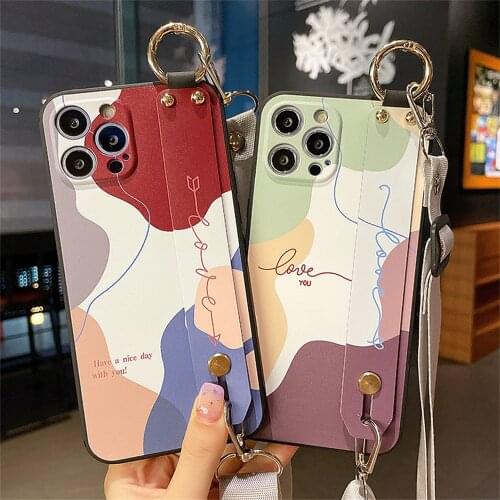 Splicing wrist strap Phone Case For iPhone 12 mini 11 Pro X Xs Max XR 6 6s 7 8 Plus Phone Holder Stand Lanyard Cord Strap Cover