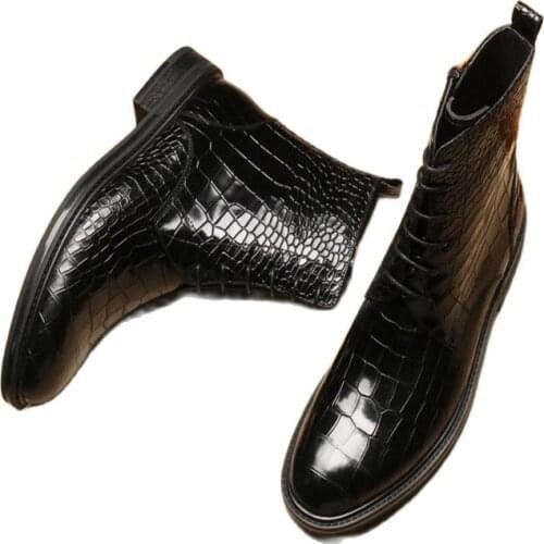 Black Martin boots, leather thick-soled boots, mid-barrel British motorcycle, mens leather boots, embossed cowhide. Belted head