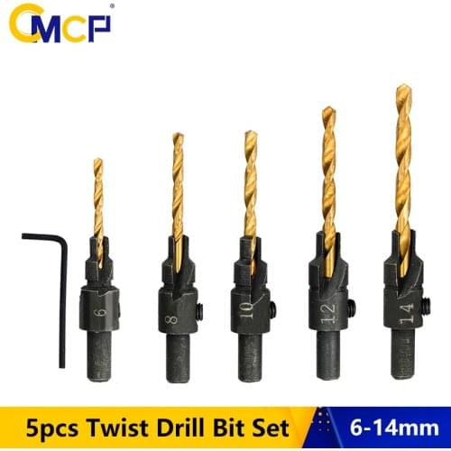 CMCP 6pcs Countersink Drill TiN Coated Woodworking Drill Bit Set Pilot Holes For Screw Sizes #6 #8 #10 #12 #14