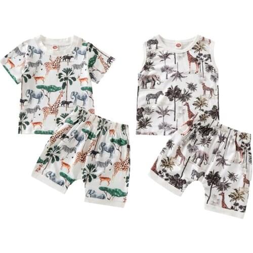 KIds Boy Summer Cottton Clothes Set Cartoon Tropical Animal Short Sleeve/Sleeveless Tops Short Pants Outfits