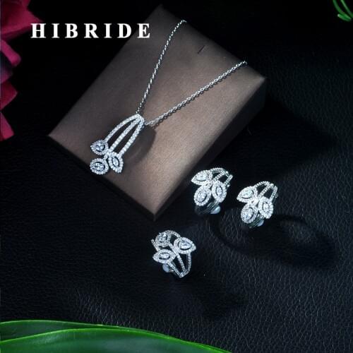 HIBRIDE New Arrival Trendy White Color Flower Shape Cubic Zircon Necklace/ Earrings/ Bracelet/ Ring Set For Women Wedding N-373