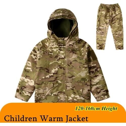 Winter Children Warm Fleece Jacket Pants Kid Outdoor Windproof Thermal Hooded Tactical Windbreaker Coat Camo Miliatry Clothes