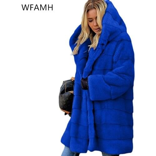 2021 new winter imitation fur mid-length solid color loose plush hooded coat fashion warm jacket women Thick Warm Fur Spliced