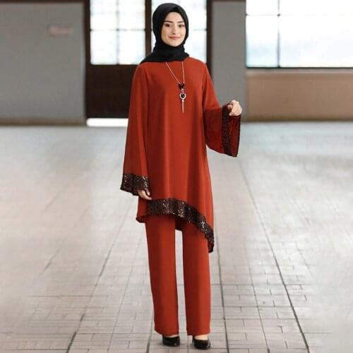 Lugentolo Plus Size 2 Piece Set Women Lace Stitching Pullover O-Neck Long Sleeve Loose Muslim Fashion Women Set