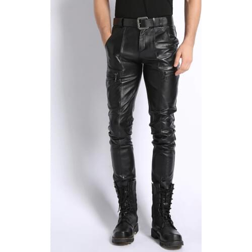 Mens Genuine Leather Pants Natural Real Leather Sheepskin Motorcycle Biker Male Trousers Fashion Black Soft Pants Plus Size 4XL