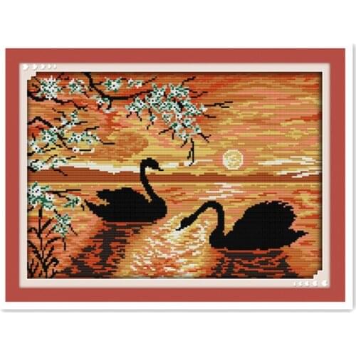 Beautiful sunset cross stitch kit, Swan Lake animal handmade dmc line embroidery sewing with Chinese characteristics